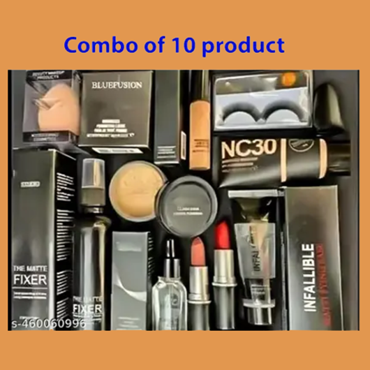 Best Combo of 10 Products (Puff Loose Powder Concealer Eyelashes Fixer Serum 2Lipstik Primer and Foundation) Pack of 10