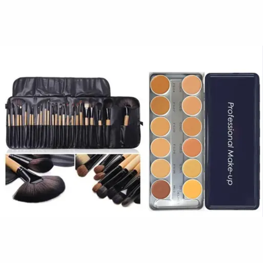 Soft Bristle Makeup Brush Set With Pu Leather Case Black, 24 Pieces, and 12 Shades Super color Flawless Super Blendable, Waterproof, Long Lasting Foundation Palette for All Skin Types 