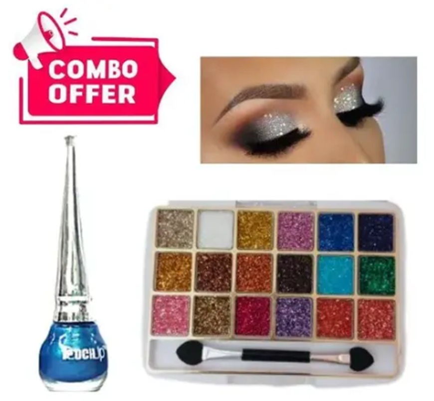 M AND M 18COLOR GLITTER EYESHADOW FLAWLESS AND GLAMOROUS EYES LOOK PACK OF 1 LIQUID BLACK COLOR EYELINER WATERPROOF SMUDGRPROOF PACK OF 1