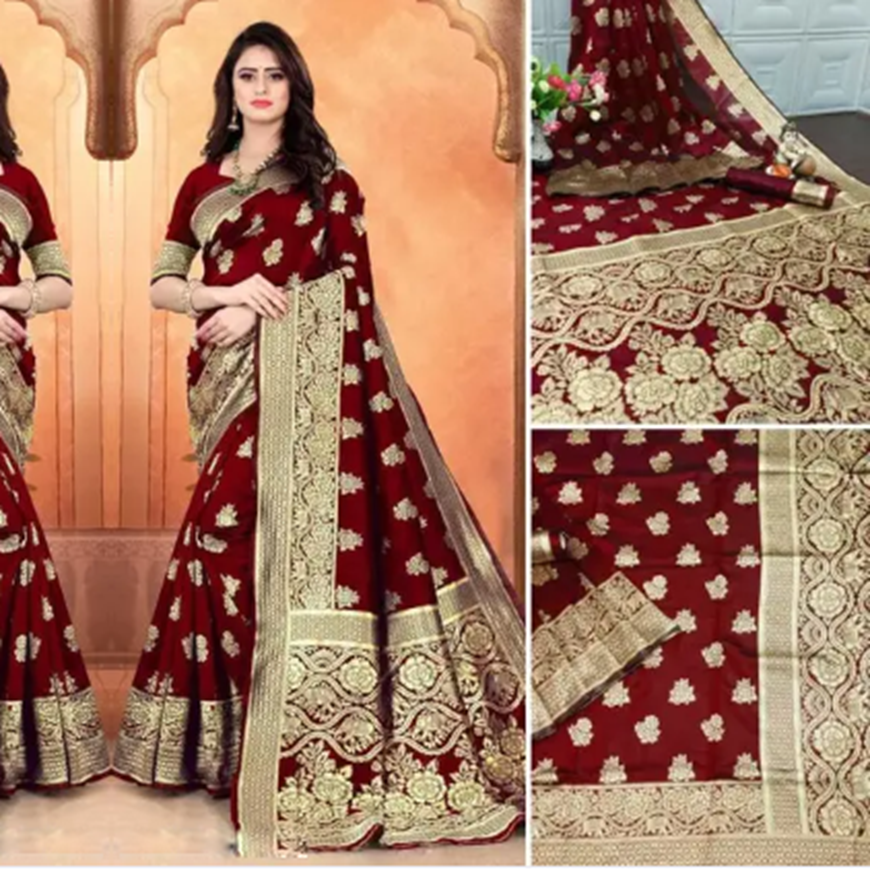 Traditional Banarasi Silk Maroon Jacquard Saree With Blouse