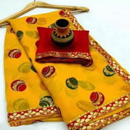 Yellow colored Matka Georgette Saree with Lace border and Blouse , bandhej sarees , BANDHANI SAREES , TRENDING SAREES , BANDHEJ SAREES , PURE GEORGETTE SAREES , SOFT GEORGETTE SAREES , BANDHNI SAREES , bandhani sarees