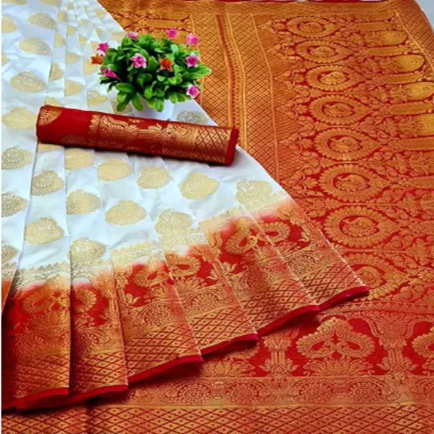 WOVEN KANJIVARAM SILK SAREE, BANARASI SILK SAREE, PURE ZARI JACUARD SAREE, RICH PALLU BALATON SAREE, HALF SAREE.