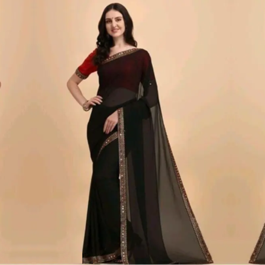 Banarasi Georgette Black Lace border Saree With Blouse