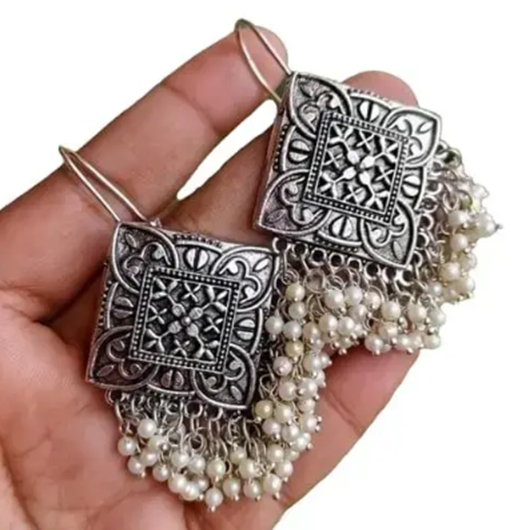 Oxidised Floral Earrings Floral Pearl Earrings Pearl Work 