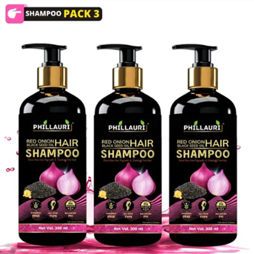 Phillauri Red Onion Black Seed Oil Shampoo Strong, Smooth and Silky, For Hair Growth and Silky Hair 300ml pack of 3