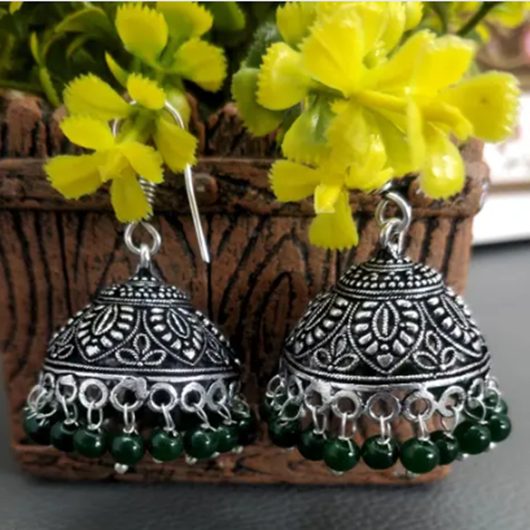 Kyoot Jewels Oxidized Jhumki German Silver Floral Design Green Pearl Jhumka Earrings For Girls And Women