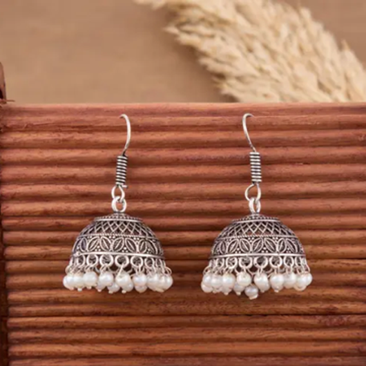 Oxidised Silver Plated Traditional Jhumka Earrings for Womens and Girl Beads Brass Jhumki Earrin