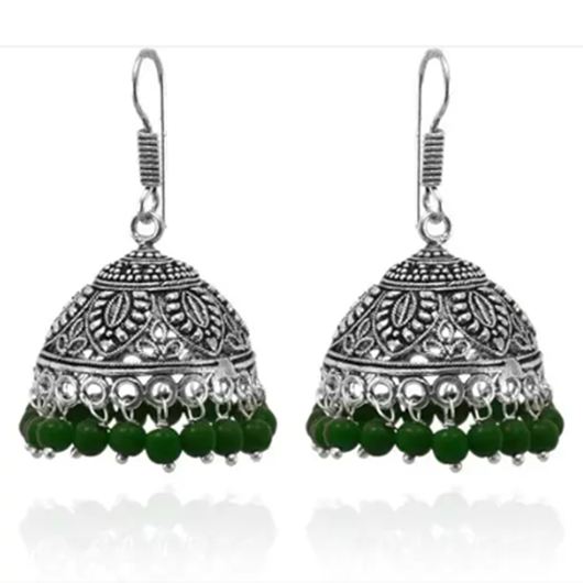 Kyoot Jewels Oxidized Jhumka German Silver Floral Design Green Pearl Jhumka Earrings for Girls and Women